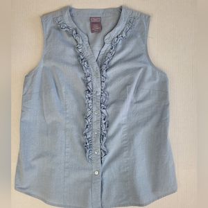 LAURA SCOTT SLEEVELESS 100% COTTON TOP RUFFLE FRONT CHAMBRAY SIZE MP